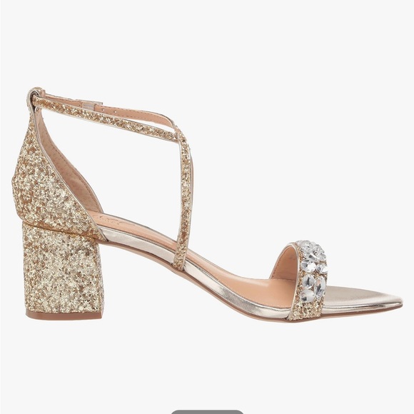 Jewel Badgley Mischka Gold Glittery Faux Jeweled Claudia Block Heeled Sandal 10 - Picture 3 of 16
